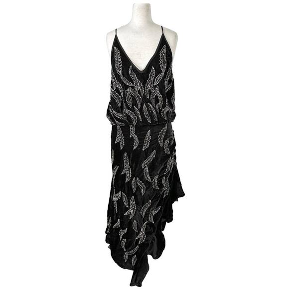 Dodo Bar Or Agnes Black Velvet Beaded Dress - Asymmetrical Ruffled Hem - Picture 2 of 9